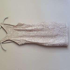 BCX Lace Stretch Mini Dress High Neck Metallic Thread, Cream, Juniors Small EUC